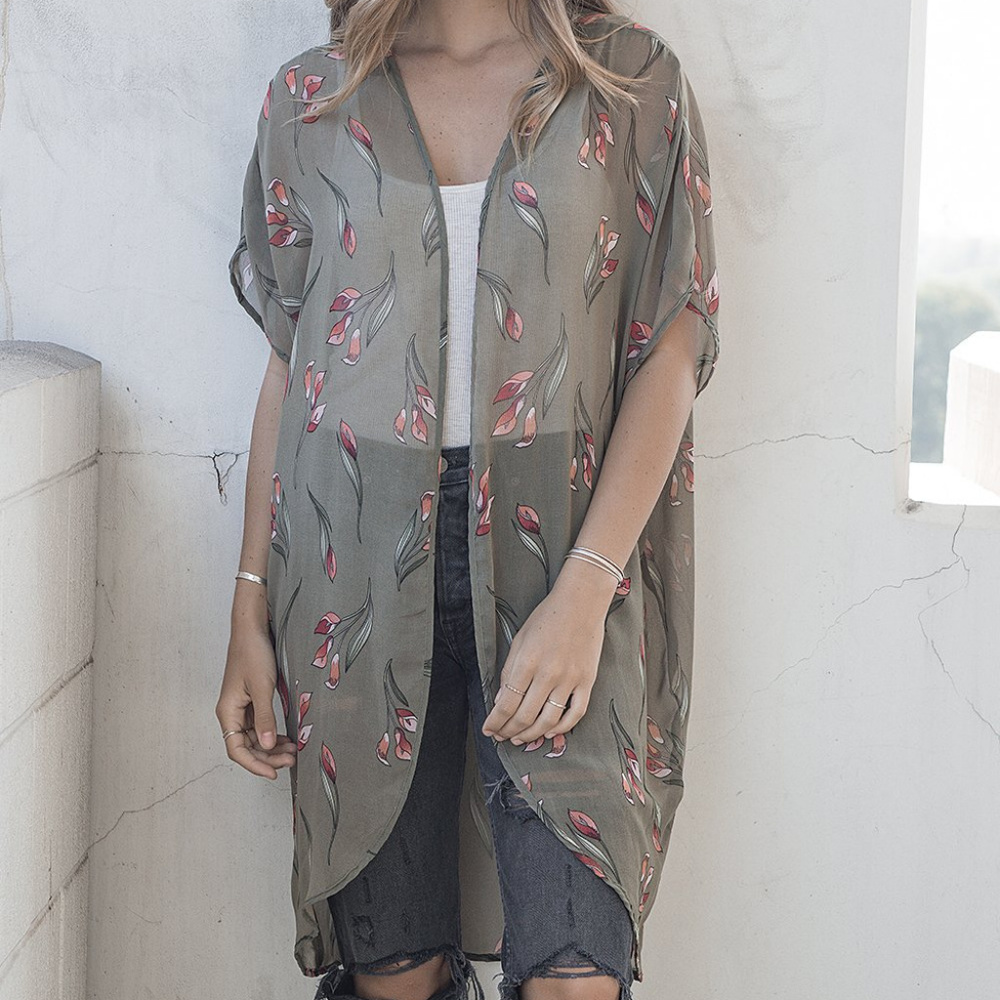 Army Green & Orange Floral Chiffon Cocoon Cardigan